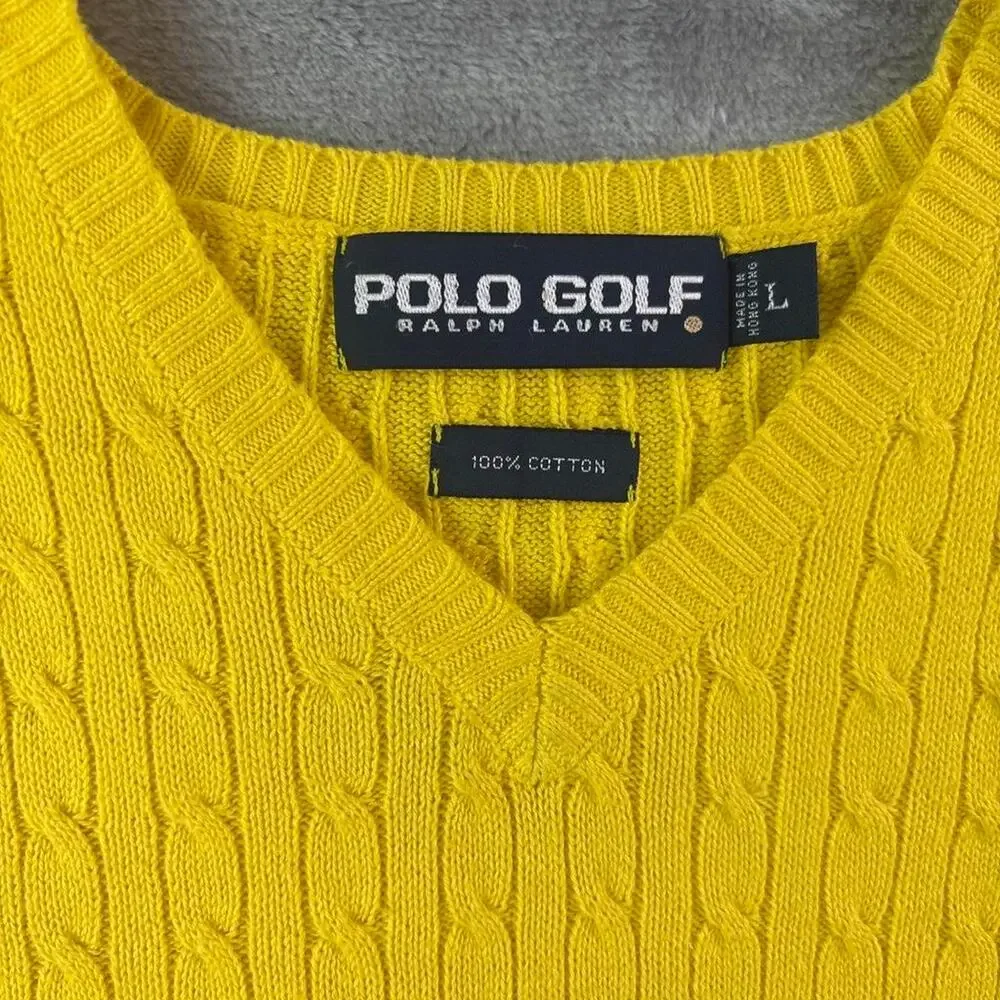 Vintage Polo Golf Ralph Lauren Sweater Vest Mens Large Yellow Cable Knit Cotton